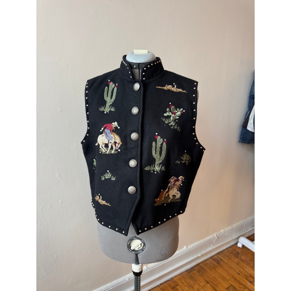Vintage Valencia Western Embroidered Wool Vest – Studded Cowboy & Cactus